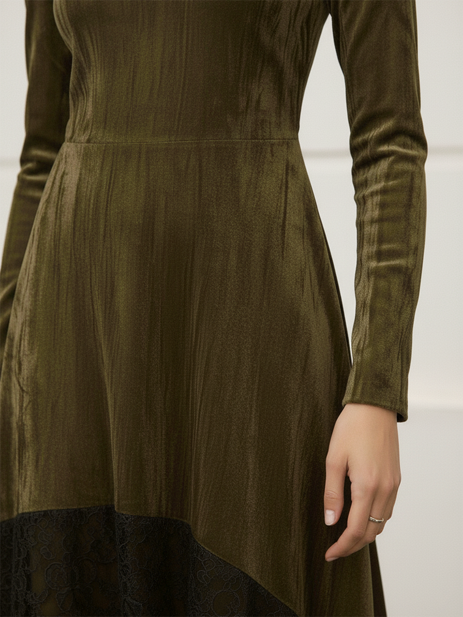 Elegant Vintage Stand-up Collar Long-sleeved Lace Hem Velvet Dress
