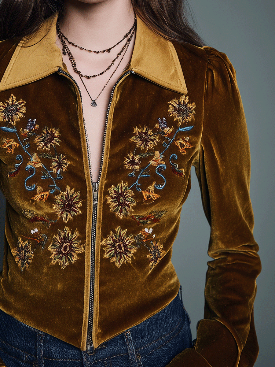 Embroidered Velvet Zip-Up Jacket