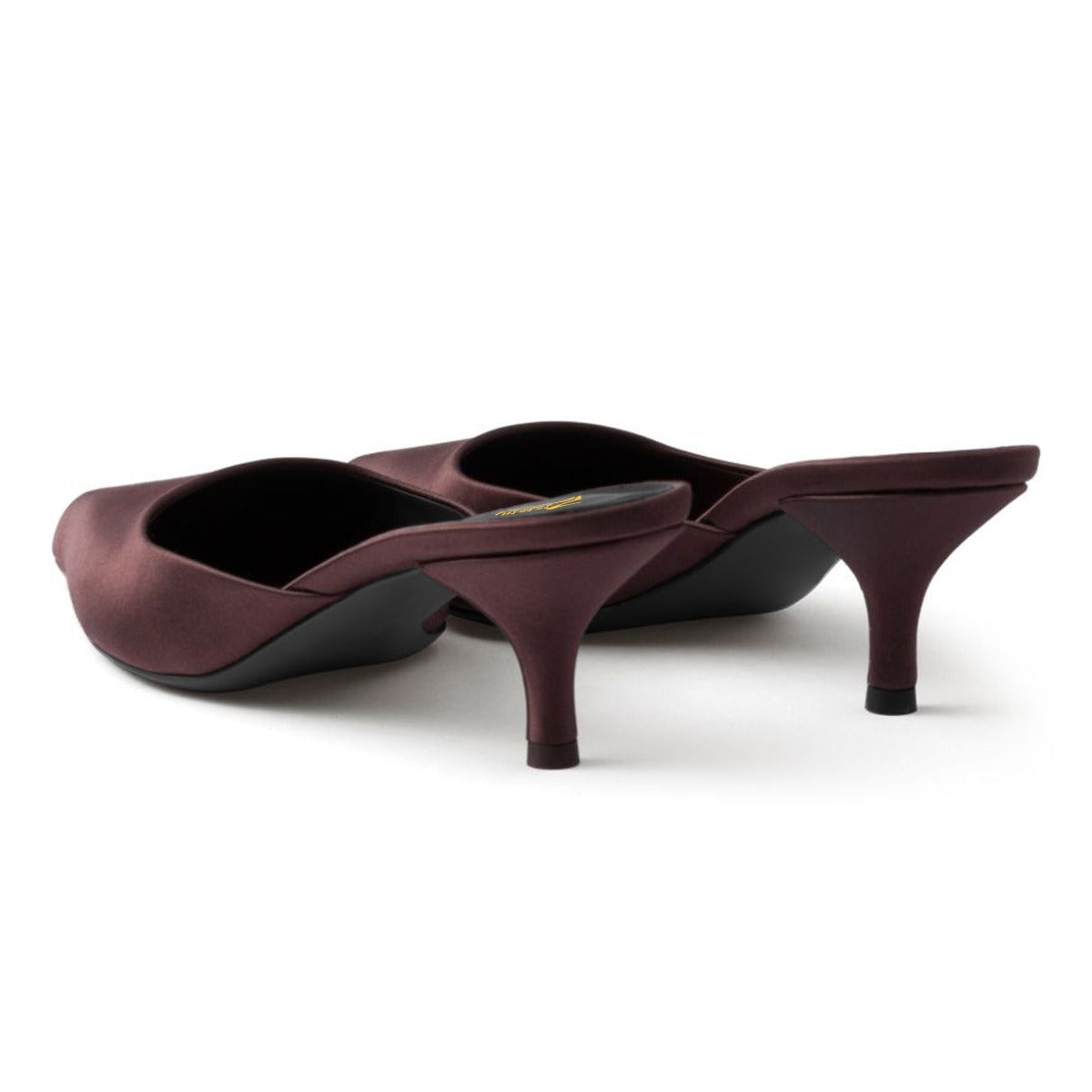 Dark Brown Satin Kitten Heel Pointed Toe Mule Shoes for Women