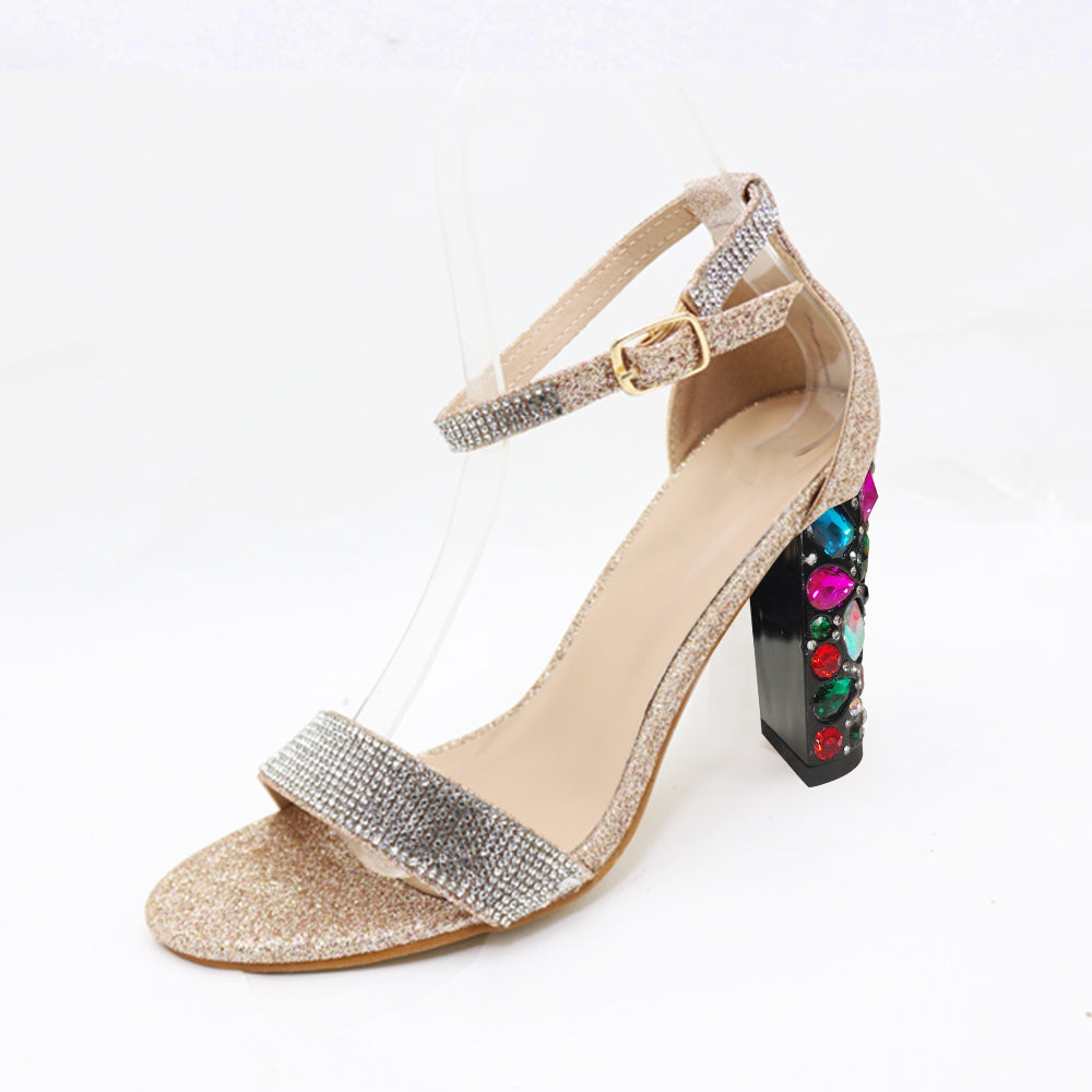 Beige Open Toe 4'' Decorative Heel Ankle Strap Sandals with Rhinestone
