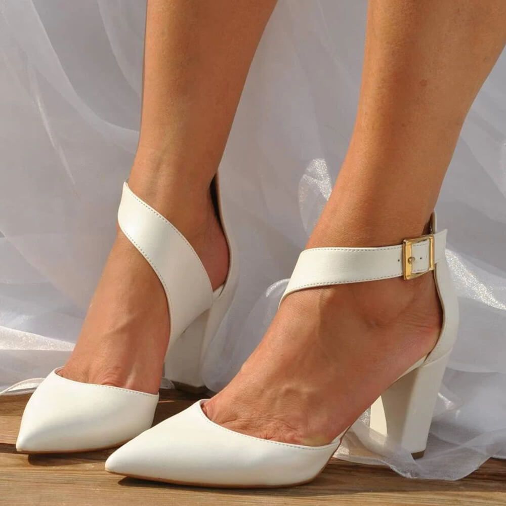 Elegant White Pointed Toe Buckle Strap Cut Out Block Heel Pumps