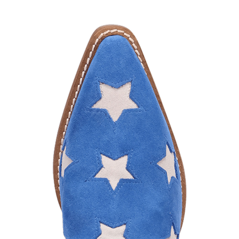 Beige Star Pattern Snip Toe Chunky Heel Knee-High Blue Cowgirl Boots