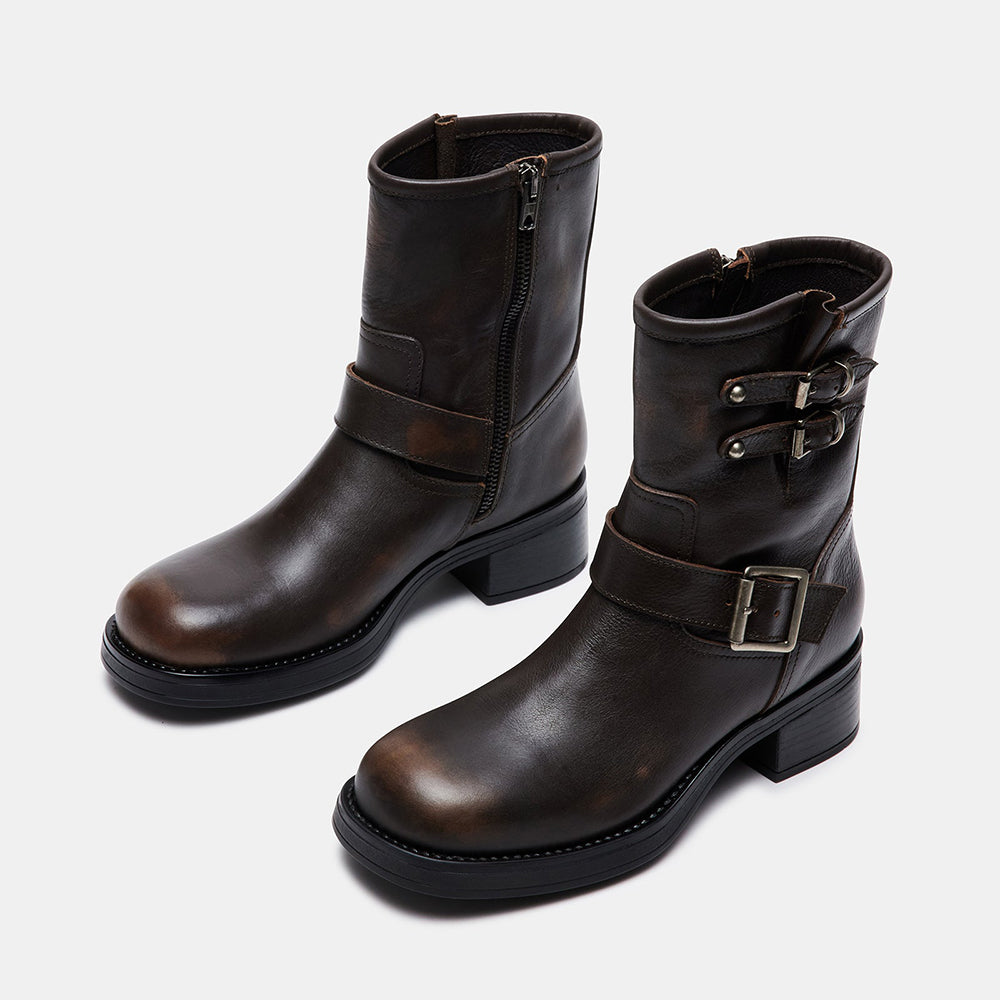 Dark Brown Closed Toe Low Chunky Heel Buckled Ankle Boots