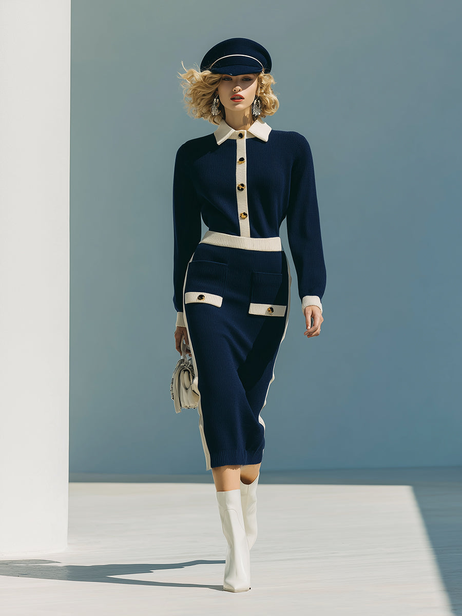 Fashionable And Classic White Contrasting Edge Navy Blue Knitted Midi Dress