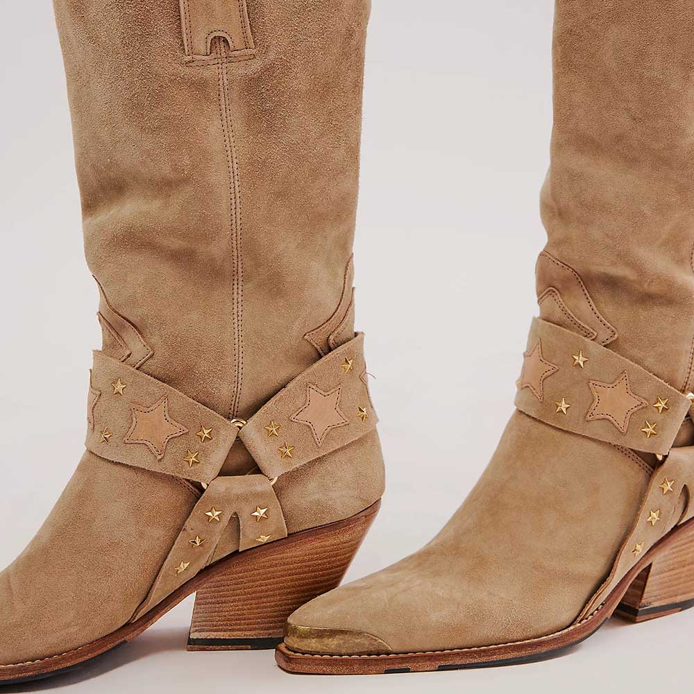 Beige Faux Suede Pointed Toe Chunky Heel Mid-Calf Cowgirl Boots