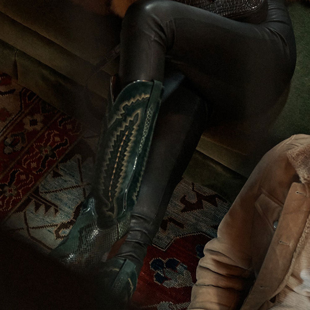 Dark Teal Faux Suede Low Block Heel Snakeskin Snip Toe Western Boots