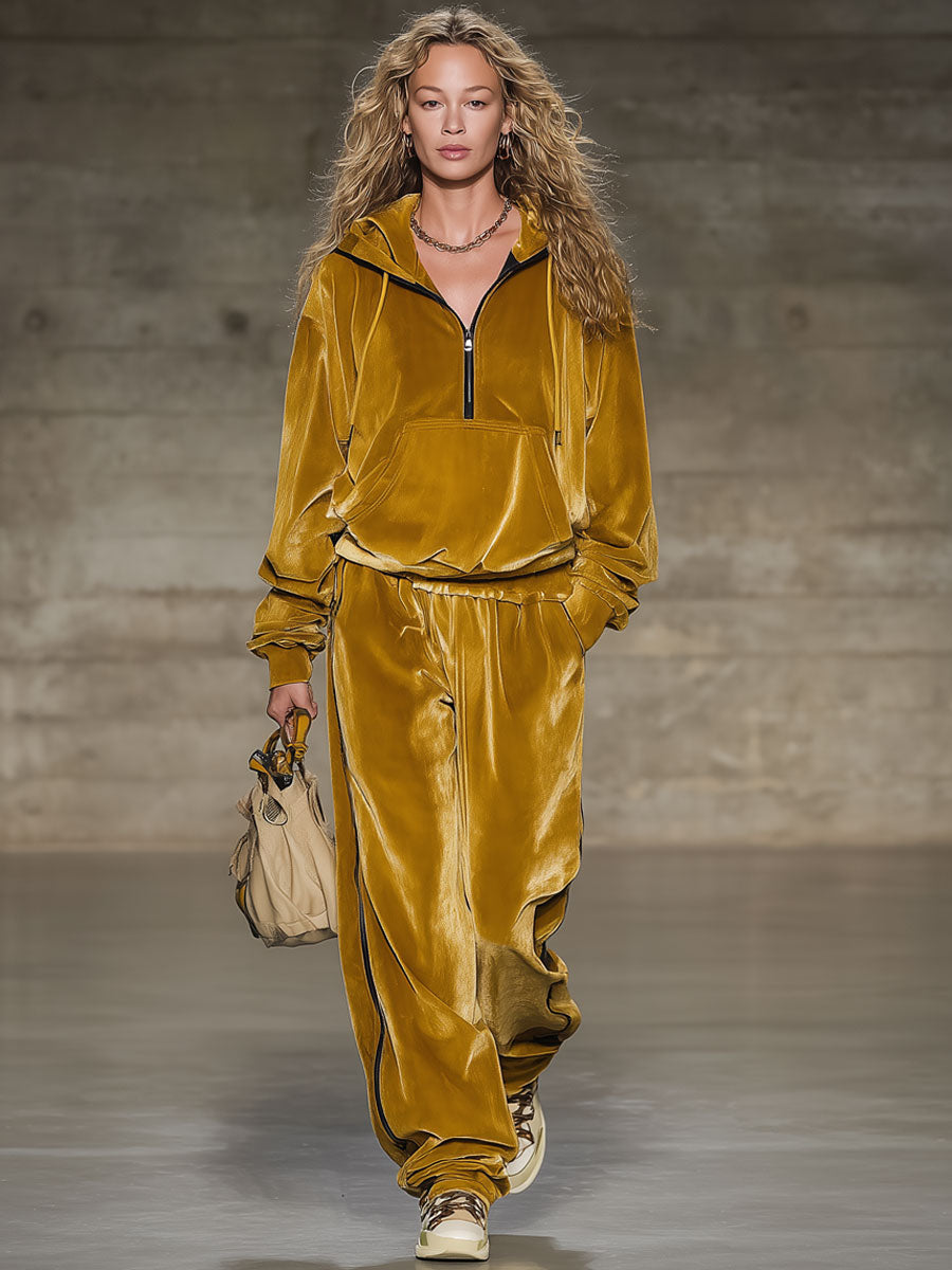 Fashion Retro Gold Velvet Hooded Sweatshirt Wide-Leg Pants Sports Set