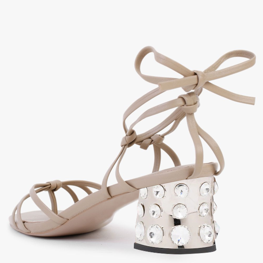 Beige Square Toe Decorative Heel Strappy Sandals