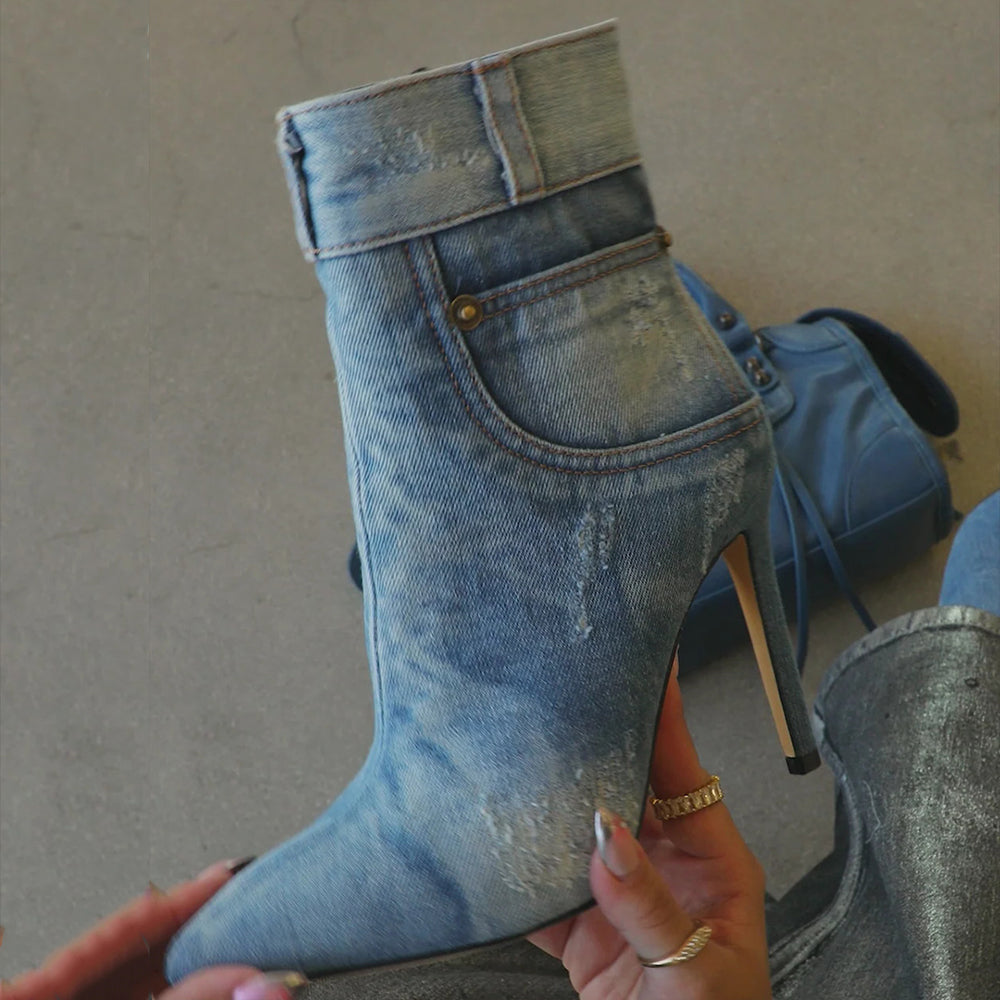 Distressed Denim Pointed Toe Stiletto Heel Ankle Boots in Blue