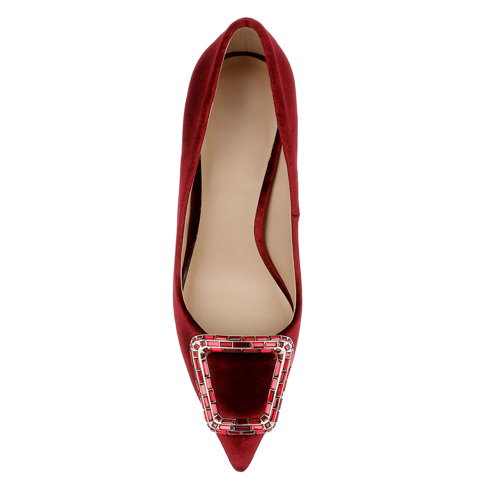 Elegant Velvet Buckle Accent Pointed Toe Slip-On Pumps Heels in Red