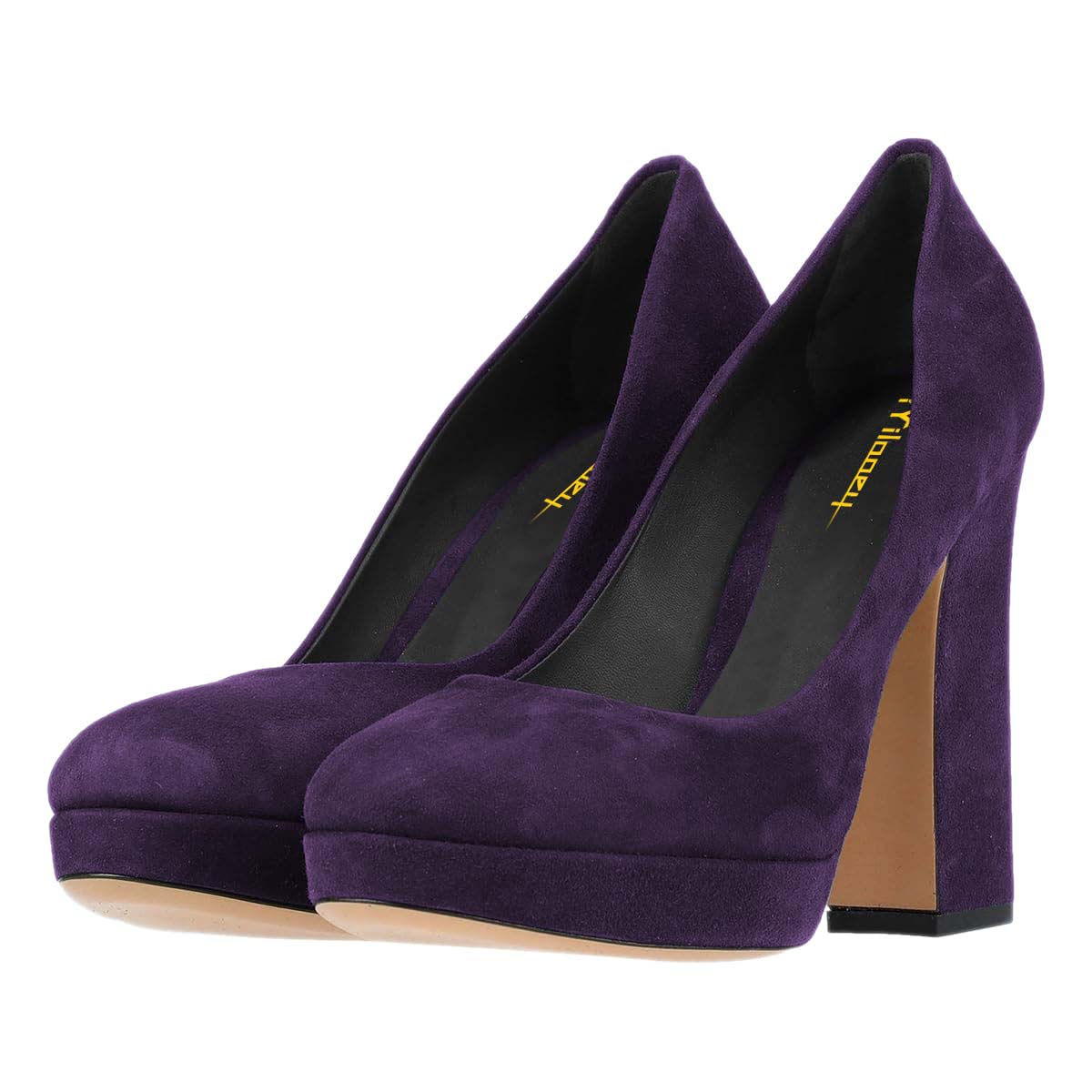 Dark Purple Vegan Suede Round Toe Chunky Heel Platform Pumps Shoes
