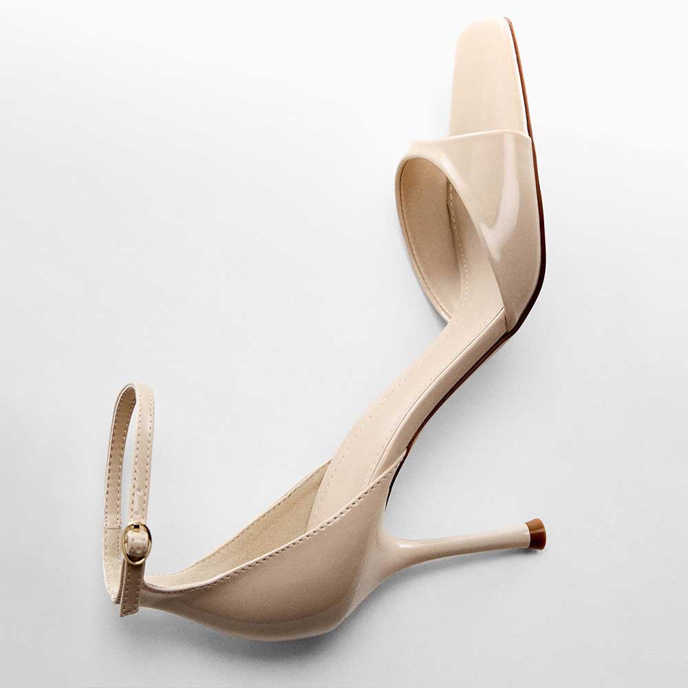 Beige Patent Leather Square Toe Stiletto Heel Ankle Strap Sandals