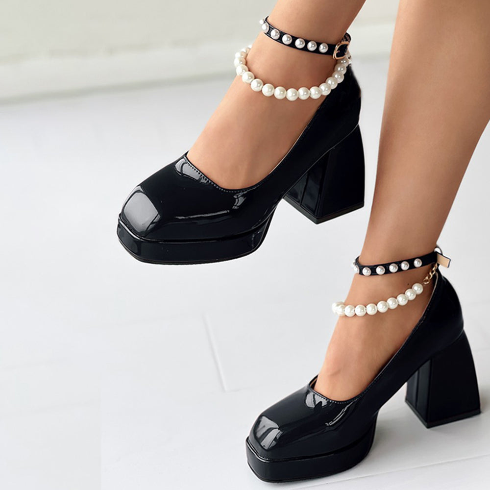 Full Color Patent Leather Platform Mary Janes Pearl Ankle Strap Chunky Heels