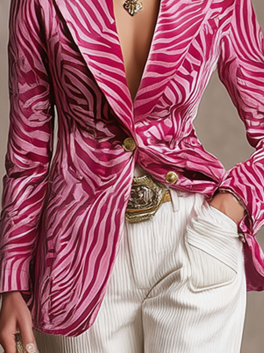Elegant Lapel Single-breasted Zebra-print Velvet Blazer