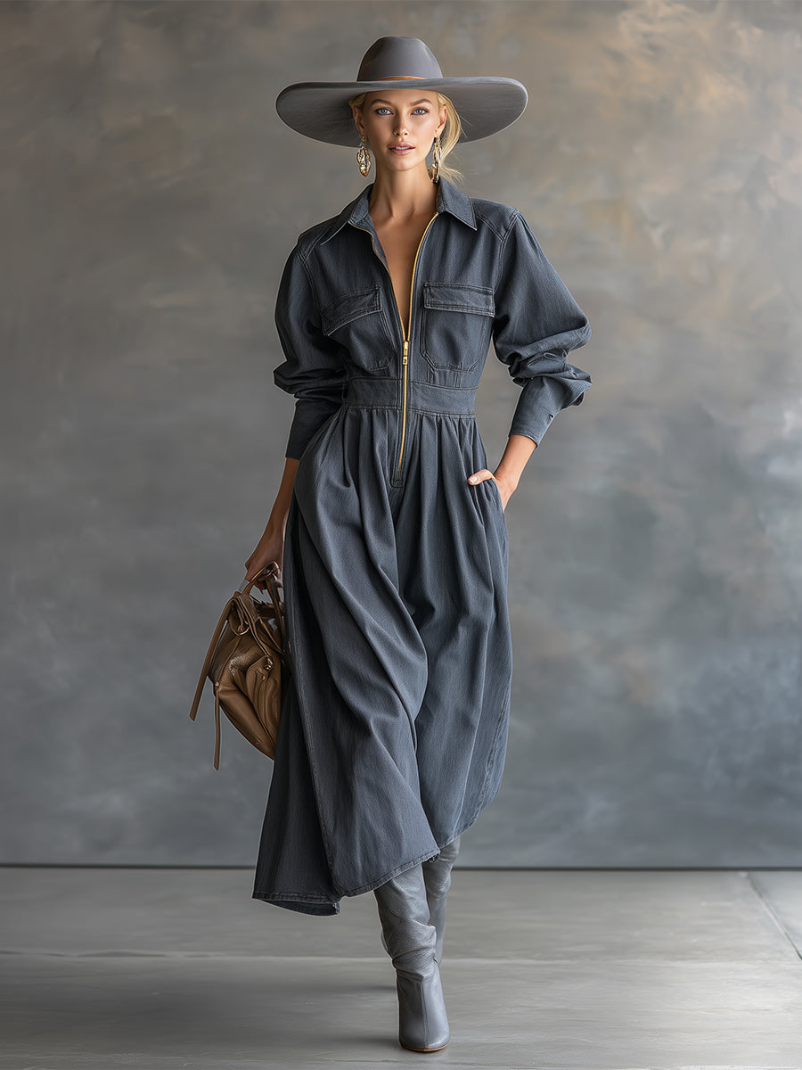 Fashionable Casual Lapel Front Zipper Pocket Gray Denim Long Sleeve Maxi Dress