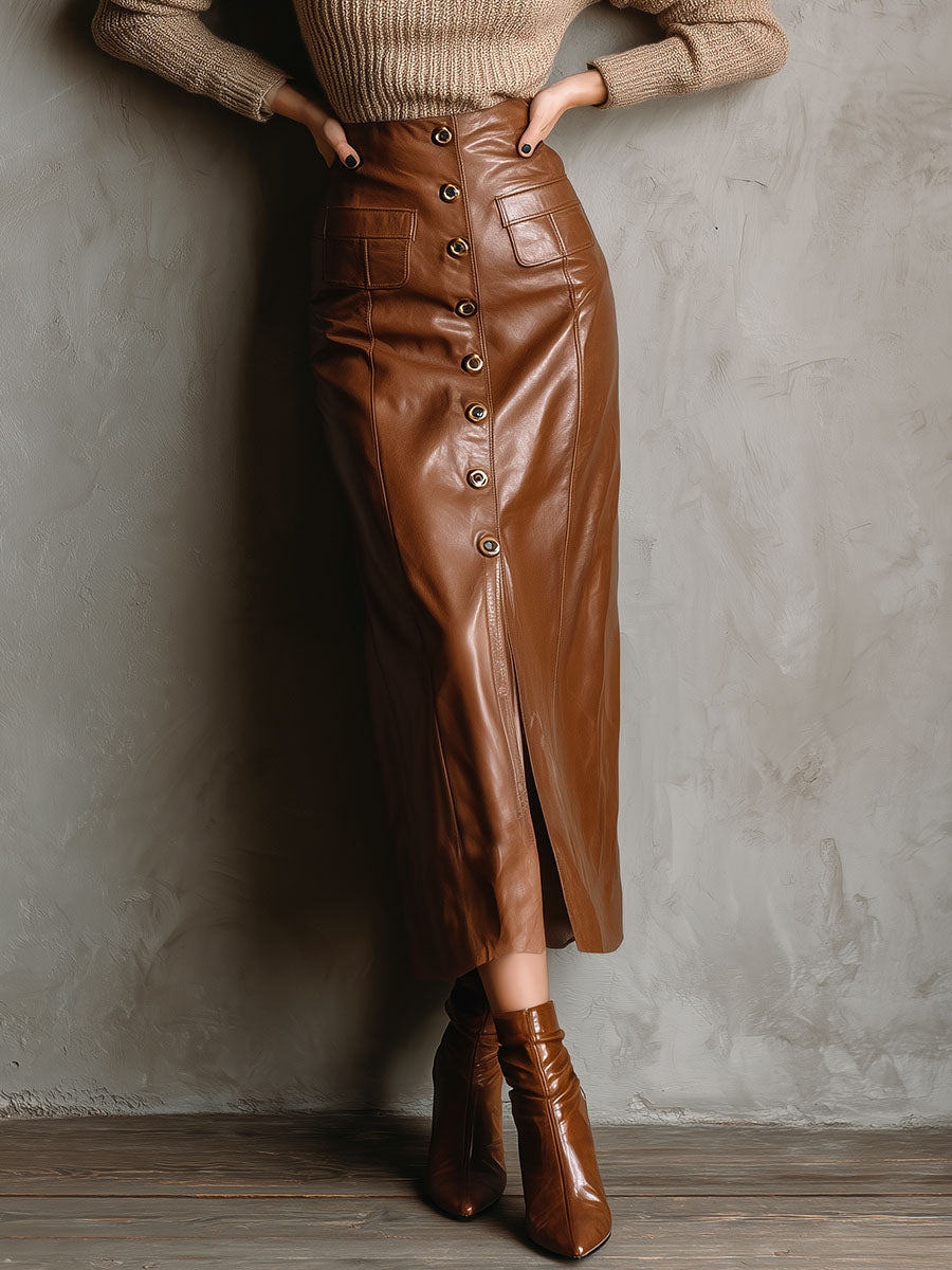 Front Button High-Waisted Brown Eco Leather Midi Skirt With Pockets