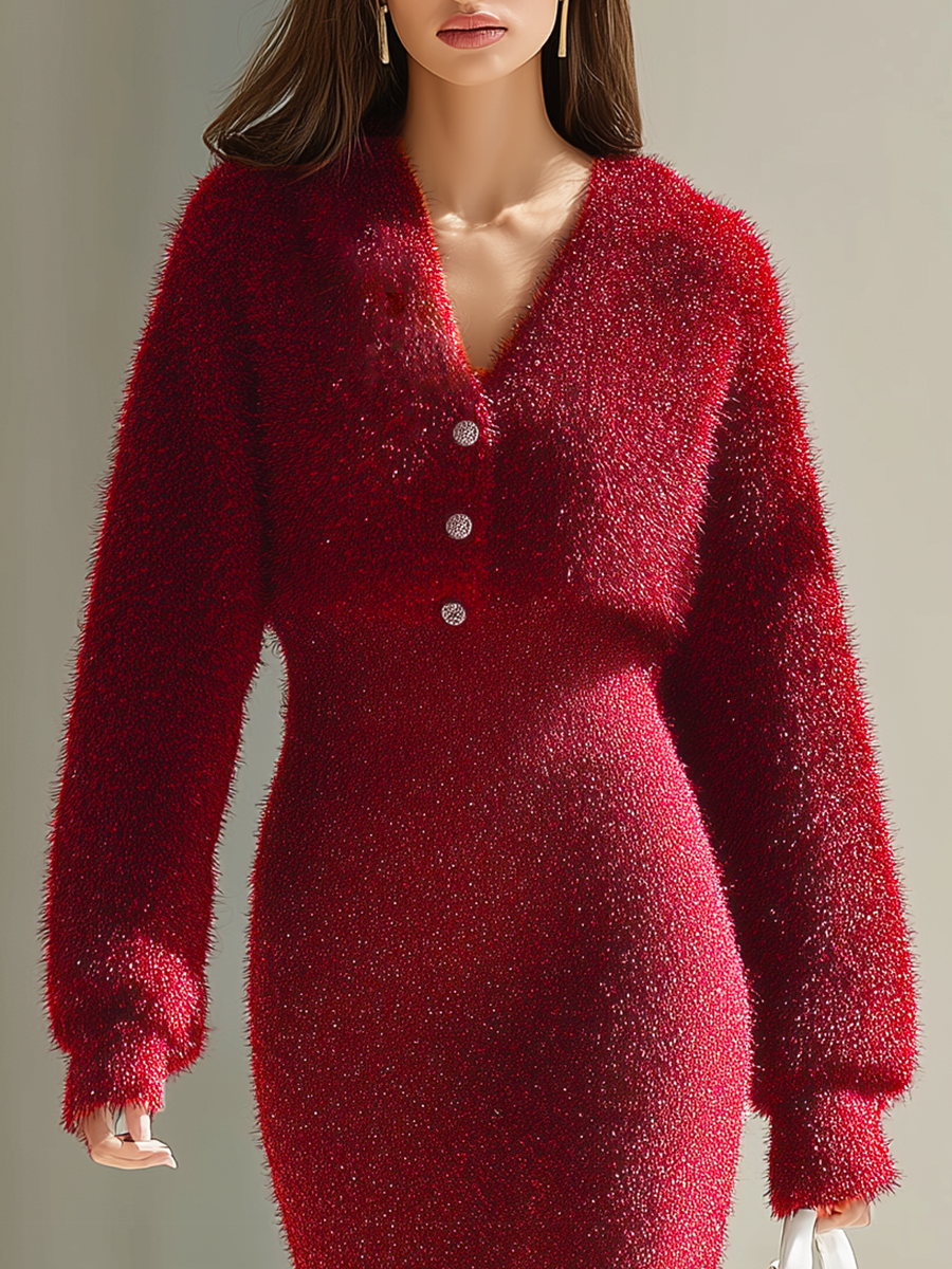 Elegant V-neck Long-sleeved Knitted Dress