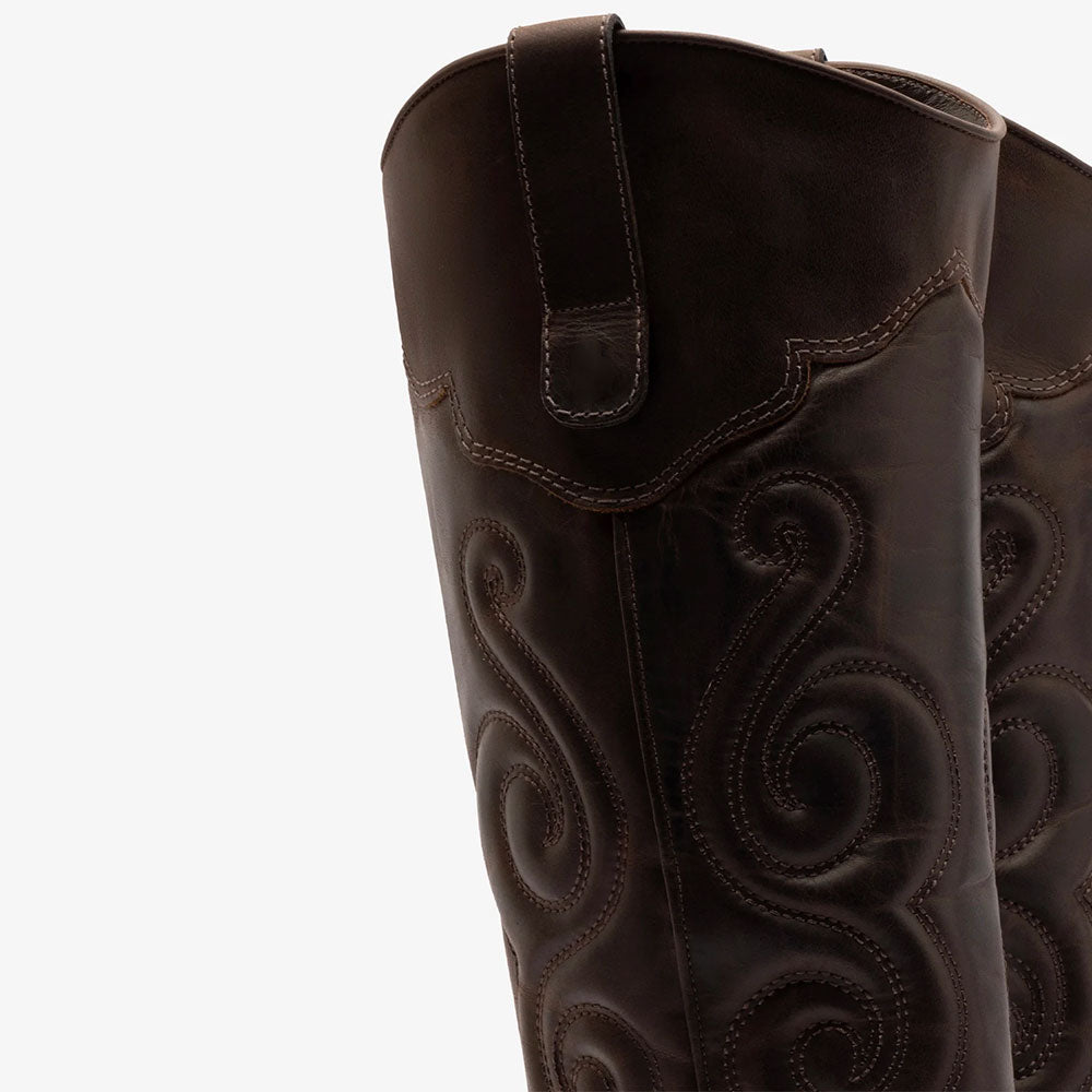 Dark Brown Chunky Heel Women's Western Boots with Embroidery