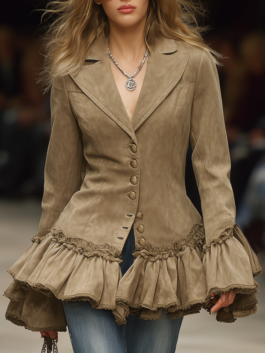 Elegant Vintage Ruffled Hem Khaki Faux Suede Blazer