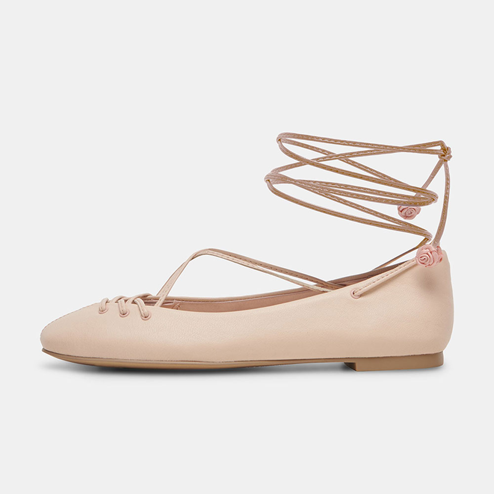 Beige Vegan Leather Round Toe Flat Lace-Up Comfy Ballet Shoes
