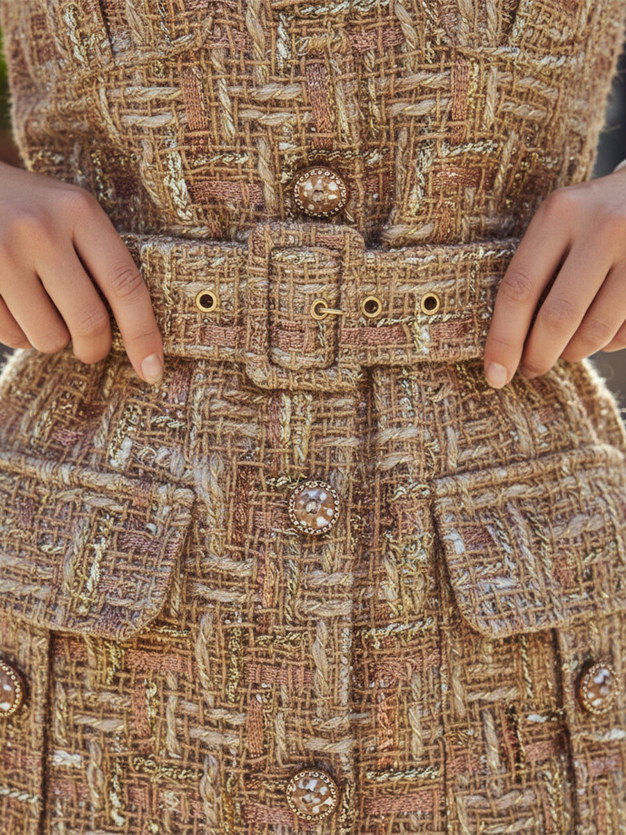 Elegant Vintage Gold Tweed Midi Dress