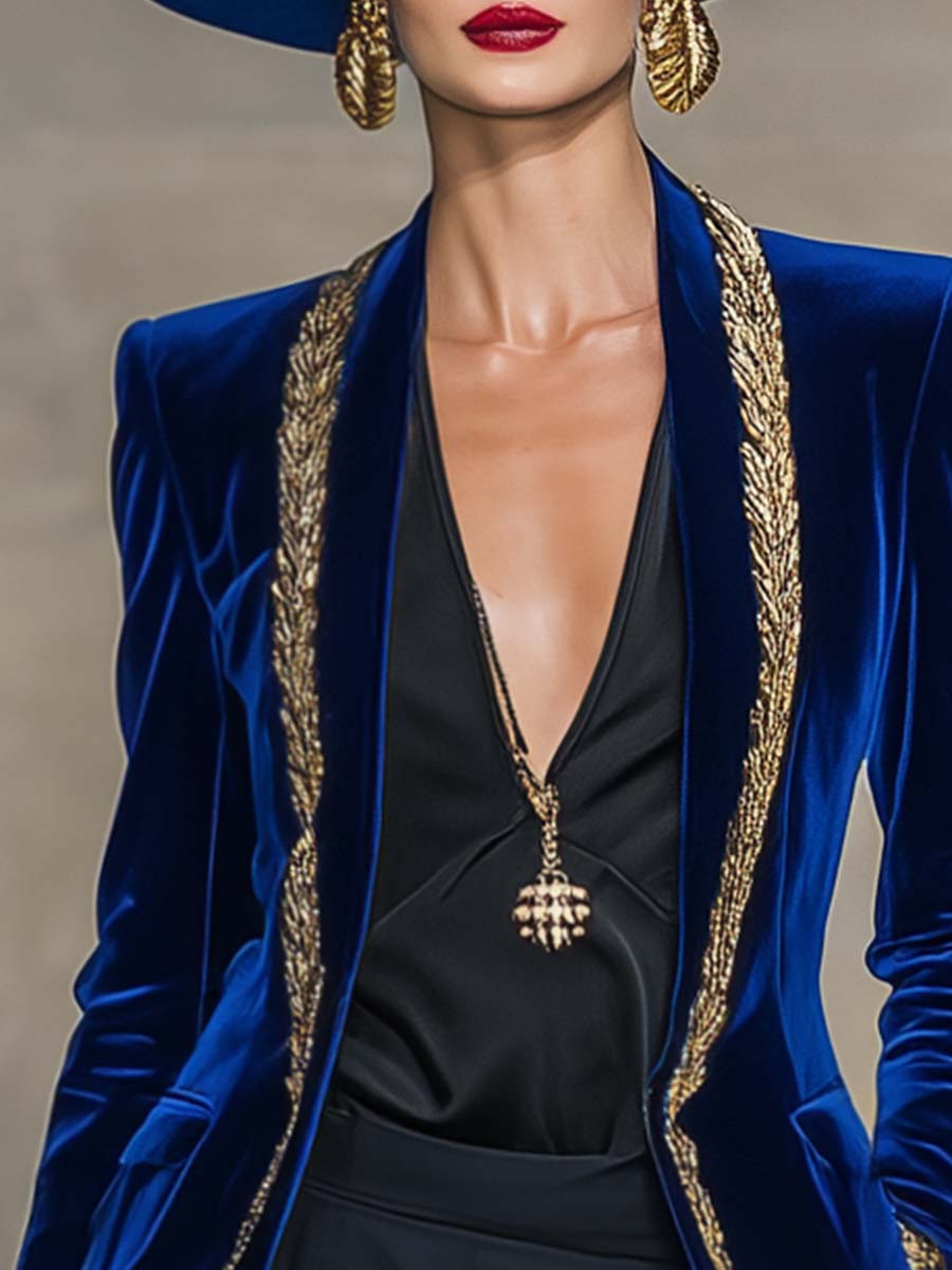 Elegant And Exquisite Collarless Gold Trim Royal Blue Velvet X-shaped Blzaer
