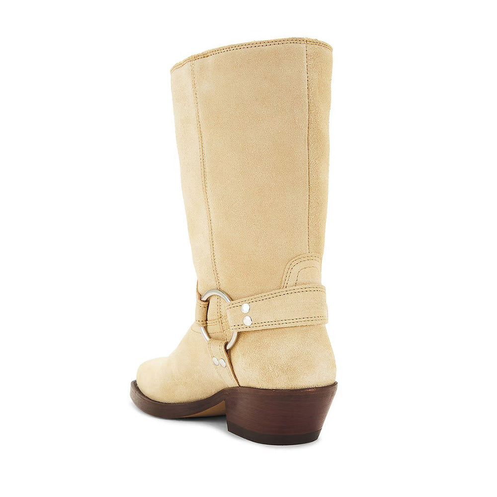 Beige Square Toe Hardware Ring Strap Women's Motorcycle Boots