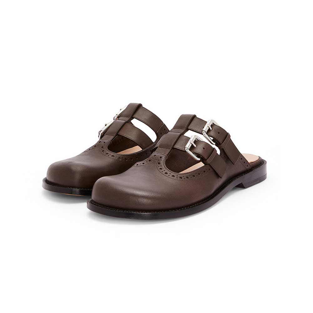 Dark Brown Vegan Leather Buckle Fastening Strap Mary Jane Mules