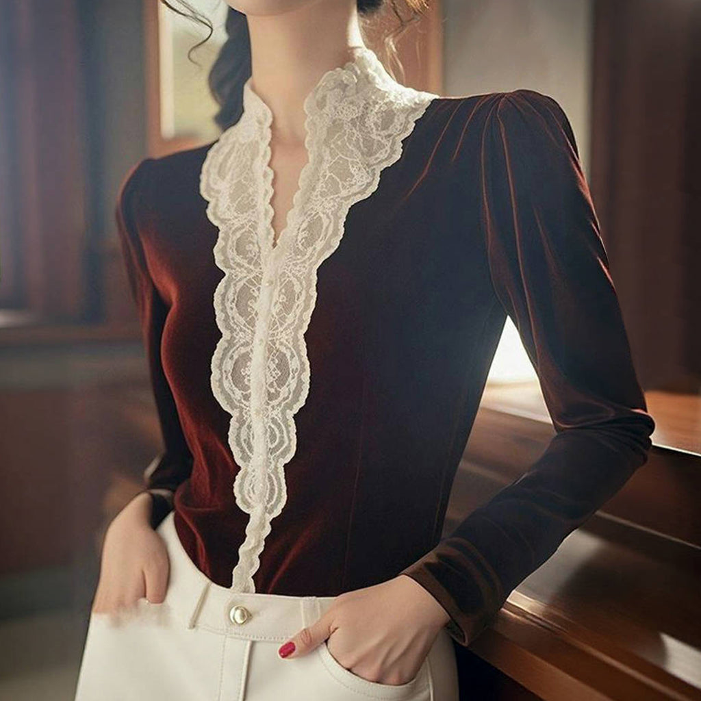 Elegant Velvet Lace Patchwork Stand Collar Button Long Sleeve Blouse