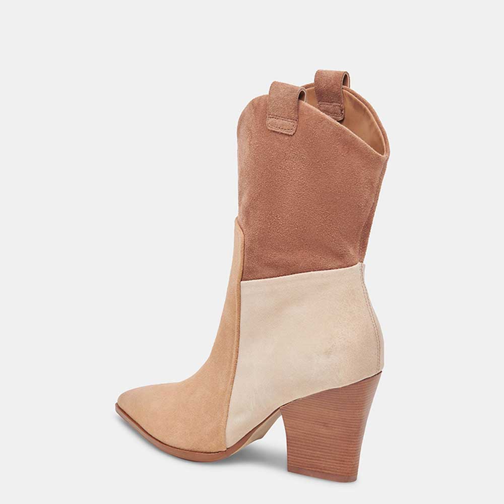 Beige Faux Suede Pointed Toe Chunky Heel Cowgirl Booties