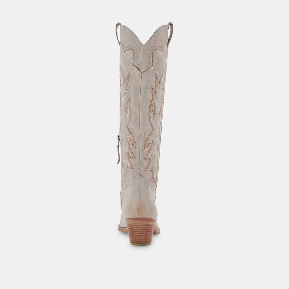 Beige Pointed Toe Chunky Heel Embroidered Knee High Cowgirl Boots