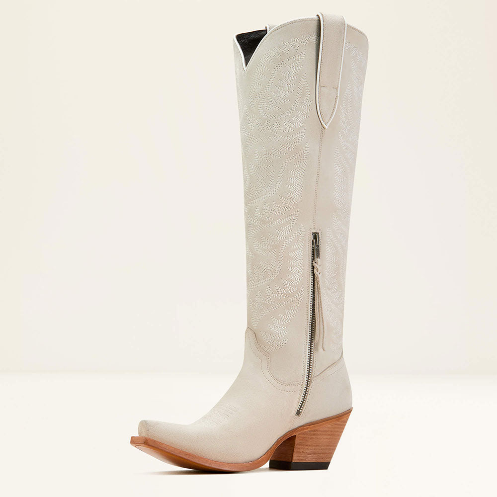 Embroidered Snip Toe Chunky Heel Zip Western Boots for Women in Ivory
