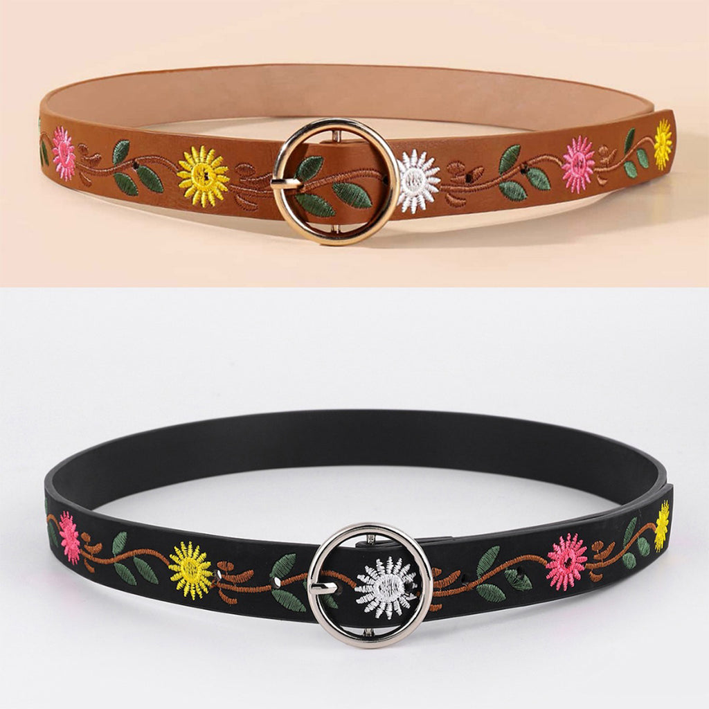 Ethnic Floral Leaf Pattern Embroidered Buckle Belt