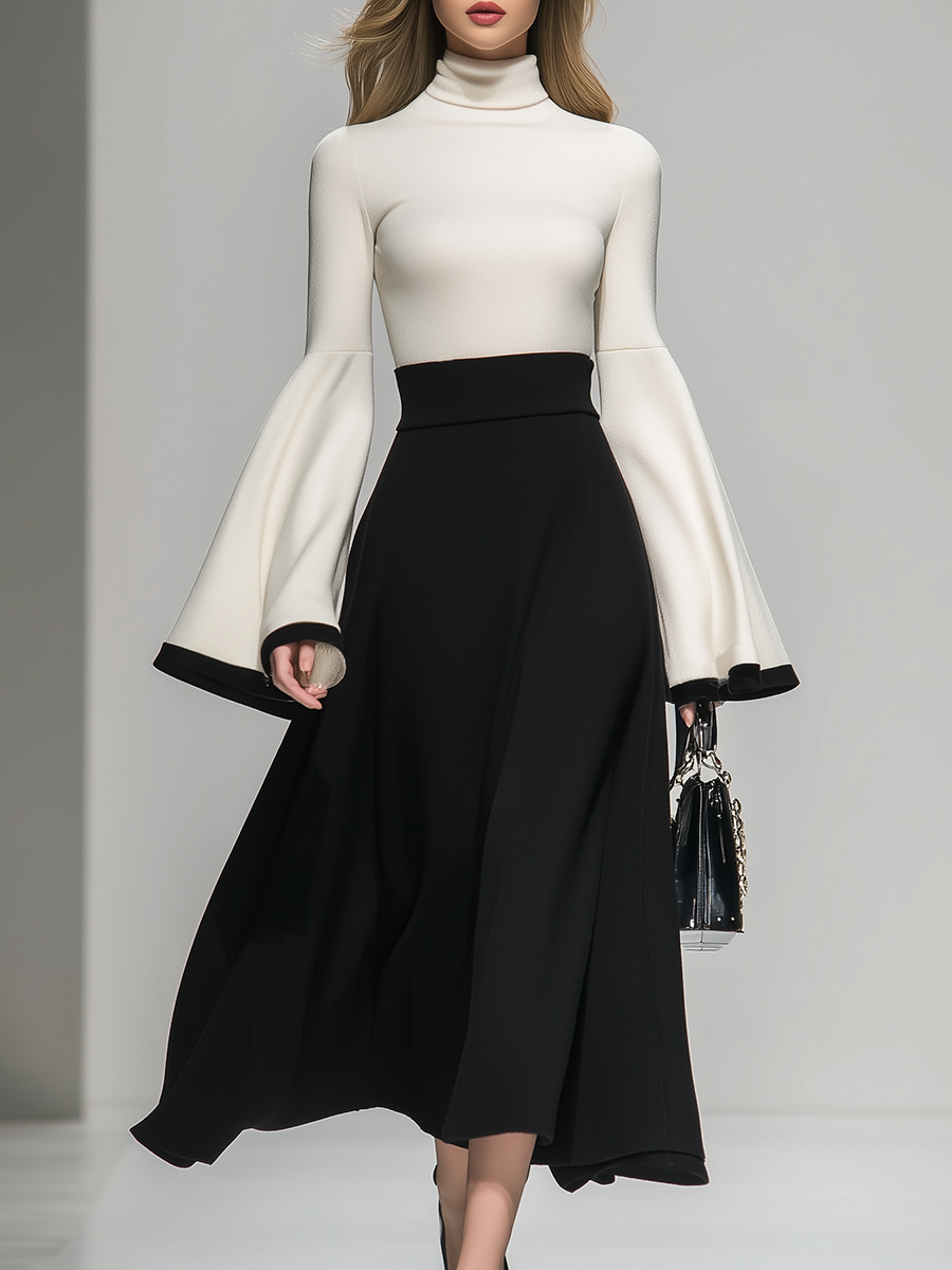 Elegant High-neck Contrast Color Maxi Dress
