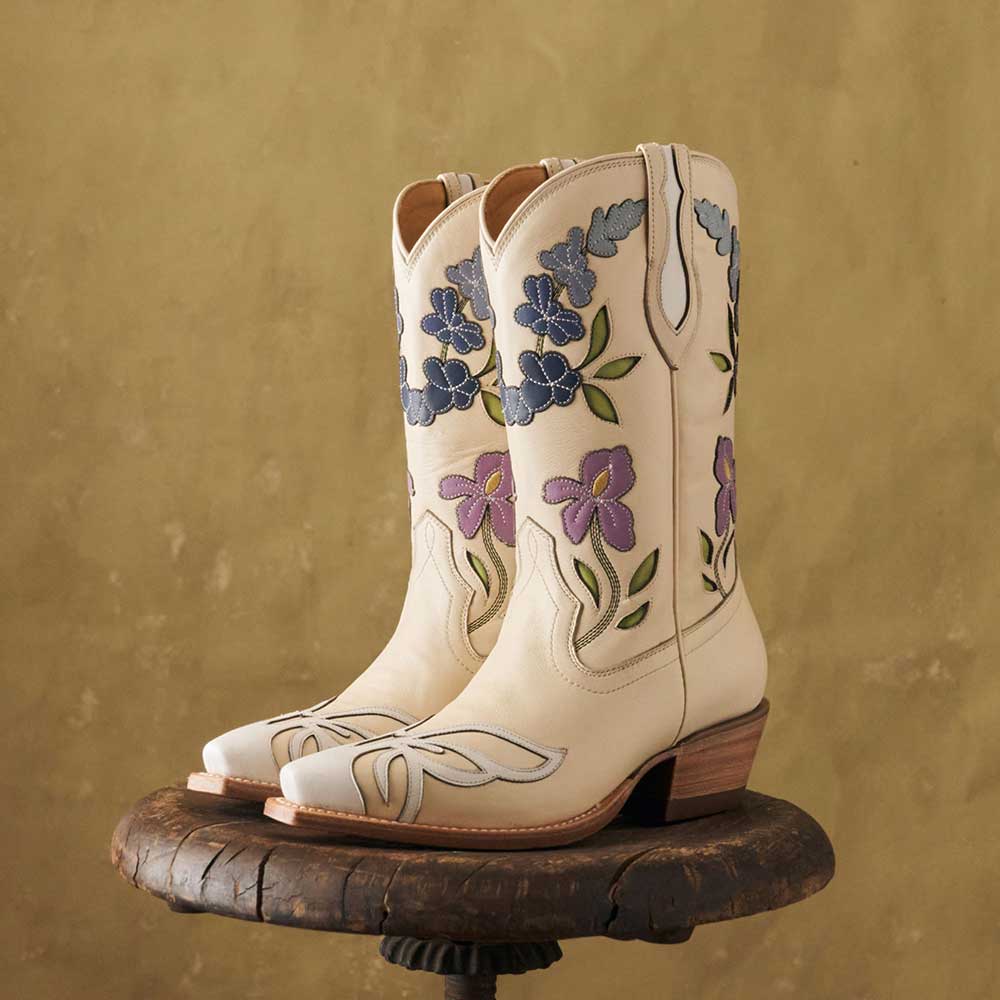 Beige Snip Toe Butterfly & Floral Inlay Mid Calf Cowgirl Boots