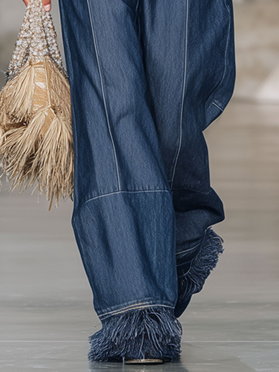 Fashion Retro Tassel Wide-Leg Dark Blue Jeans