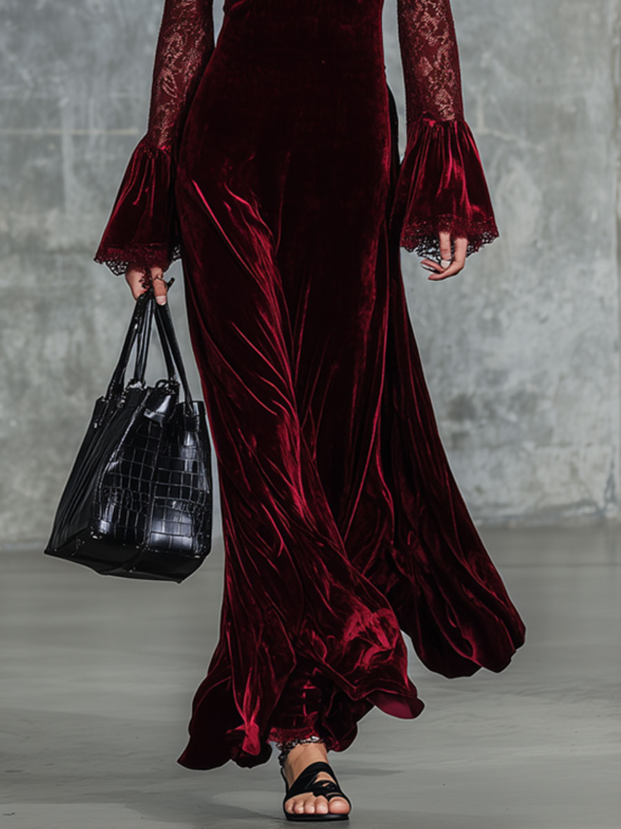 Fashion Retro Party Burgundy Velvet Lace Long Sleeve Maxi Dress