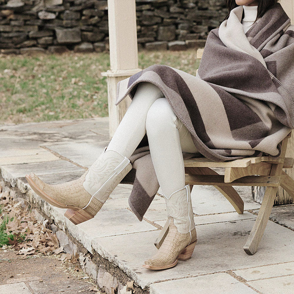 Beige Croco Embossed Pointed Toe Mid-Calf Embroidered Chunky Boots