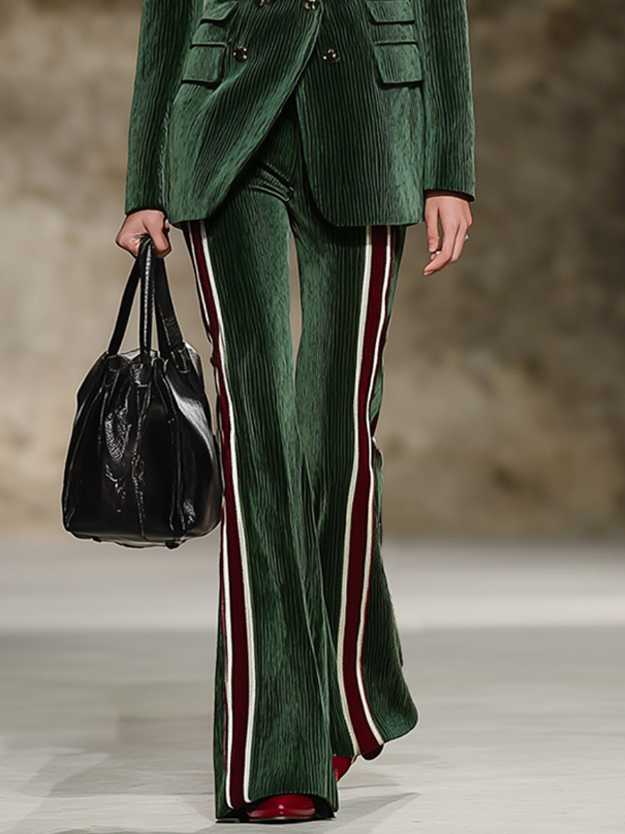 Fashion Retro Dark Green Corduroy Blazer Webbing Flared Pants Suit