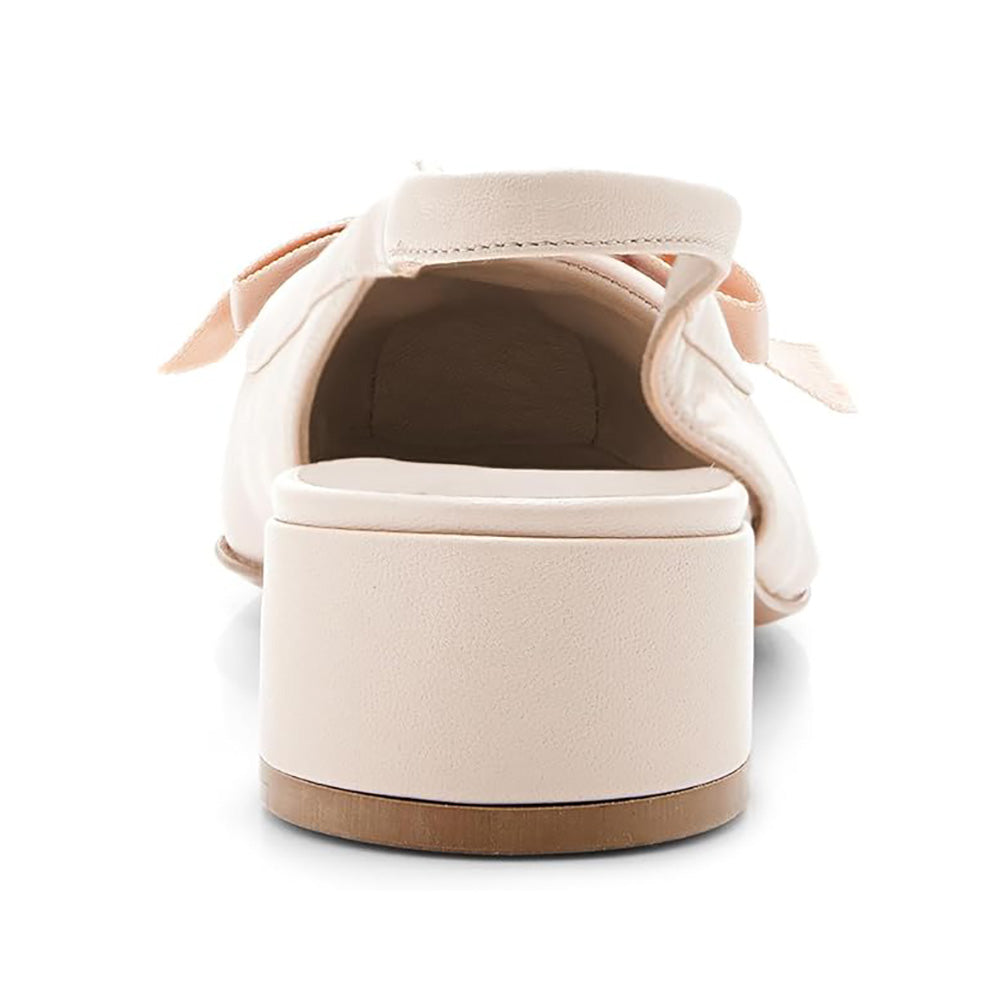 Beige Satin Square Toe Block Low Heel Women's Slingback Shoes with Bow