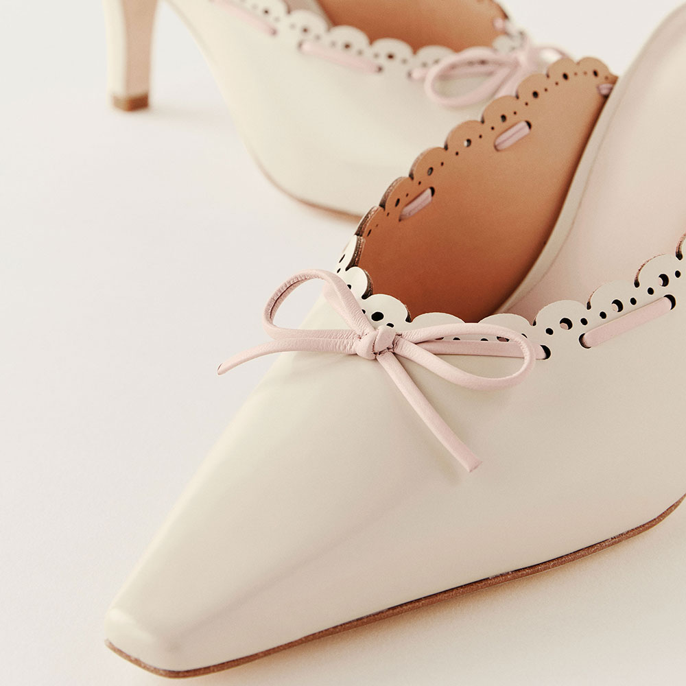 Beige Snip Toe Kitten Heel Wave Edge Mules Shoes with Bow Strap