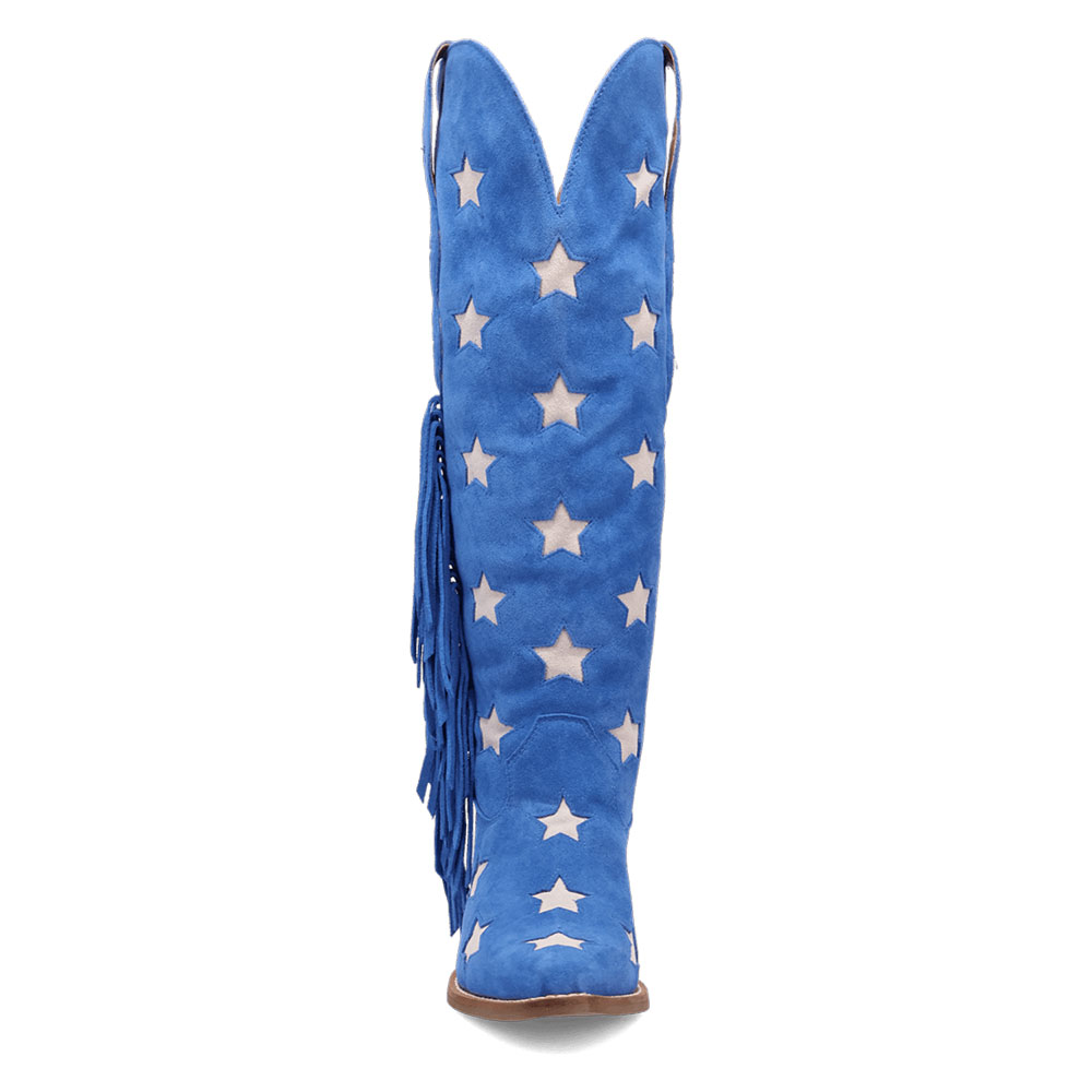 Beige Star Pattern Snip Toe Chunky Heel Knee-High Blue Cowgirl Boots