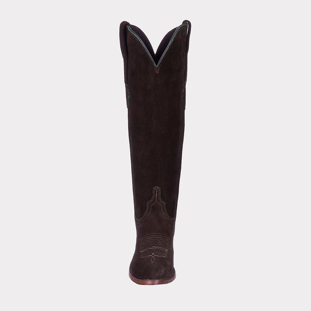 Dark Olive Closed Toe Knee-High Block Heeled Embroidered Cowgirl Boots