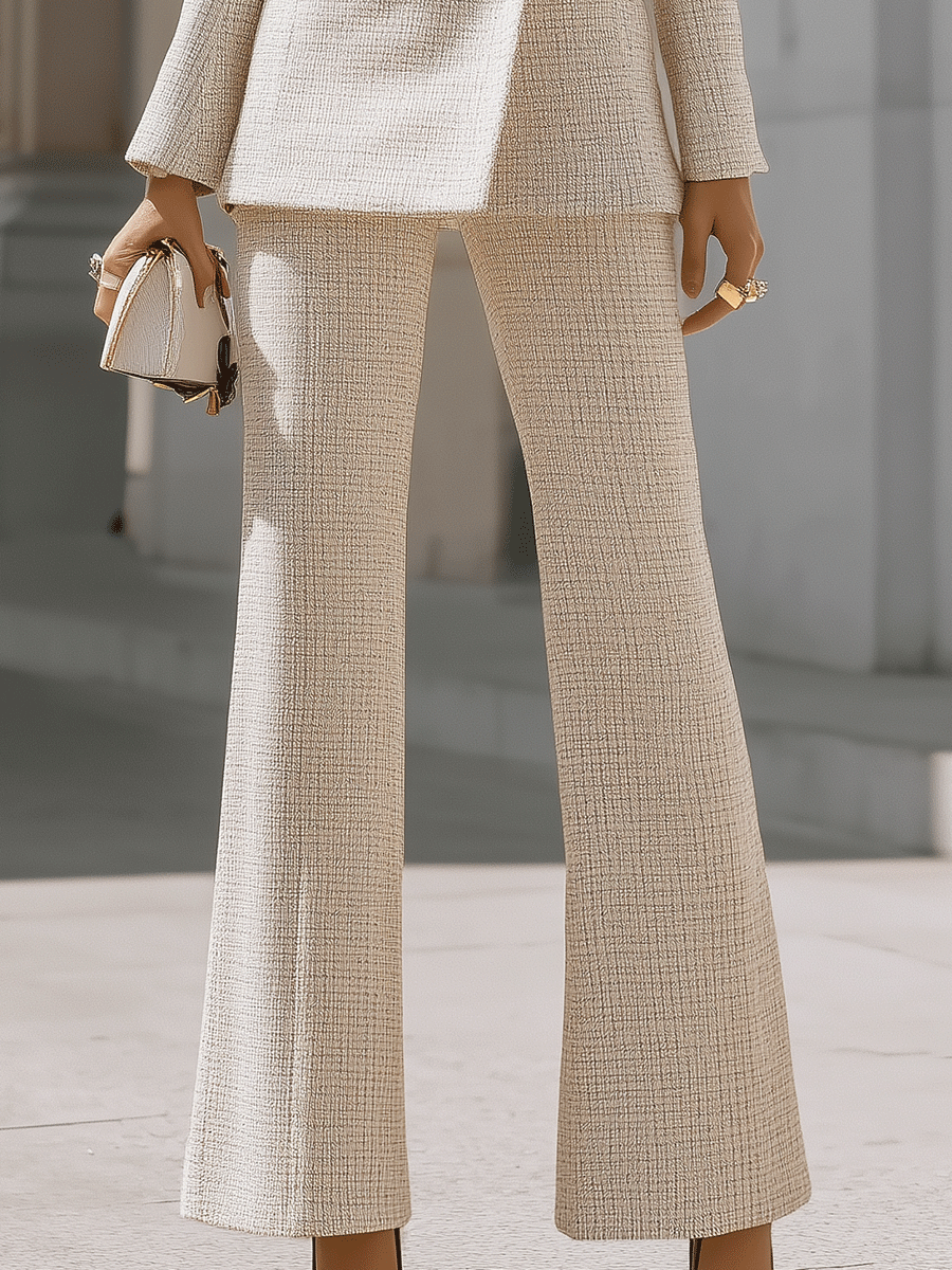 Beige Double-Breasted Tweed Pantsuit With Gold Buttons