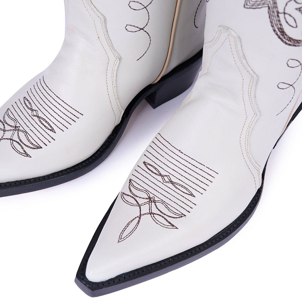 Embroidered Mid-Calf Snip Toe White Western Boots for Women