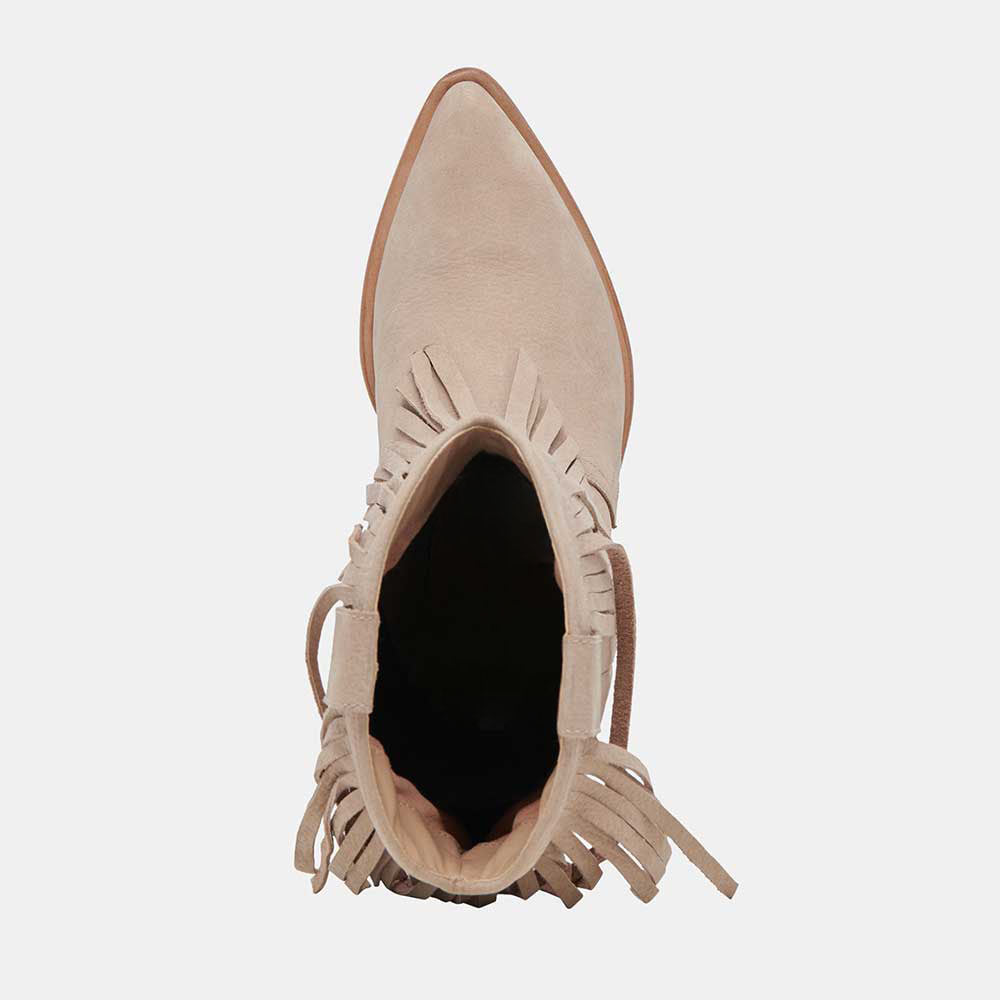 Beige Pointed Toe Fringe Ankle Length Cowgirl Boots with Chunky Heel