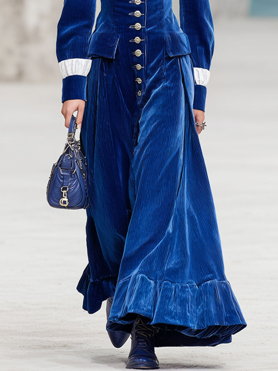 Fashion Retro Royal Blue Corduroy Ruffle Long Sleeve Maxi Dress