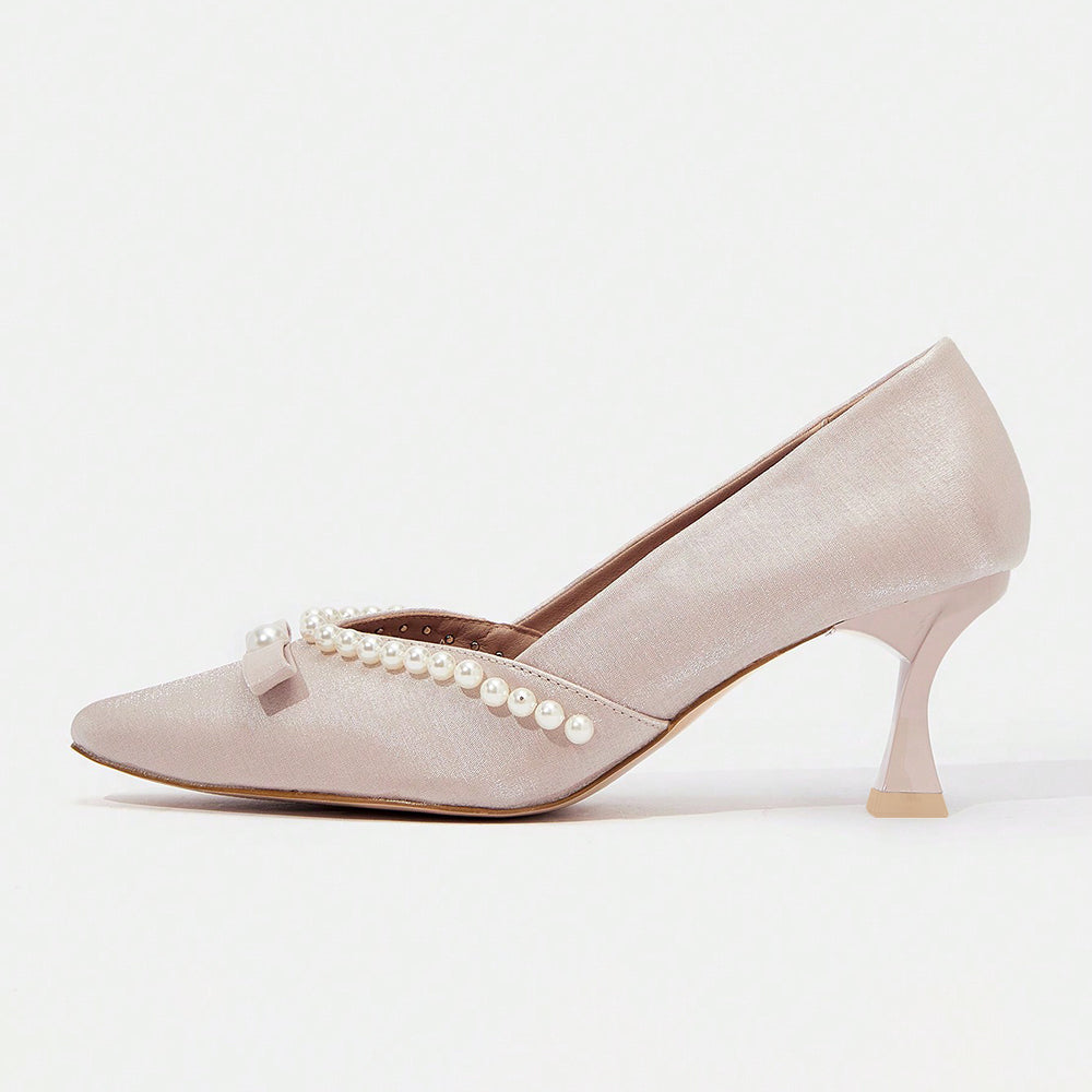 Beige Satin Closed Toe Kitten Heel Pearl Pumps