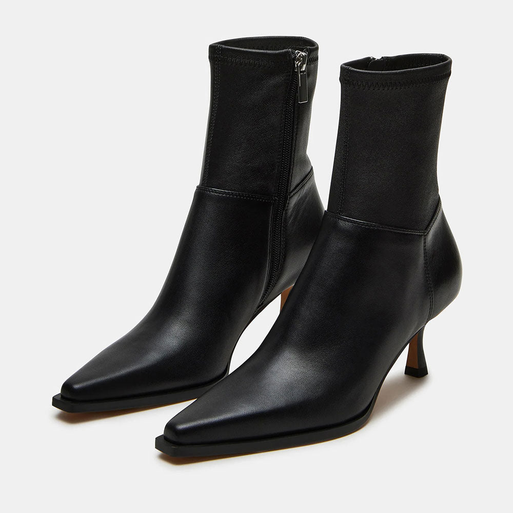 Elegant Black Pointed Toe Spool Heel Ankle Boots with Side Zipper
