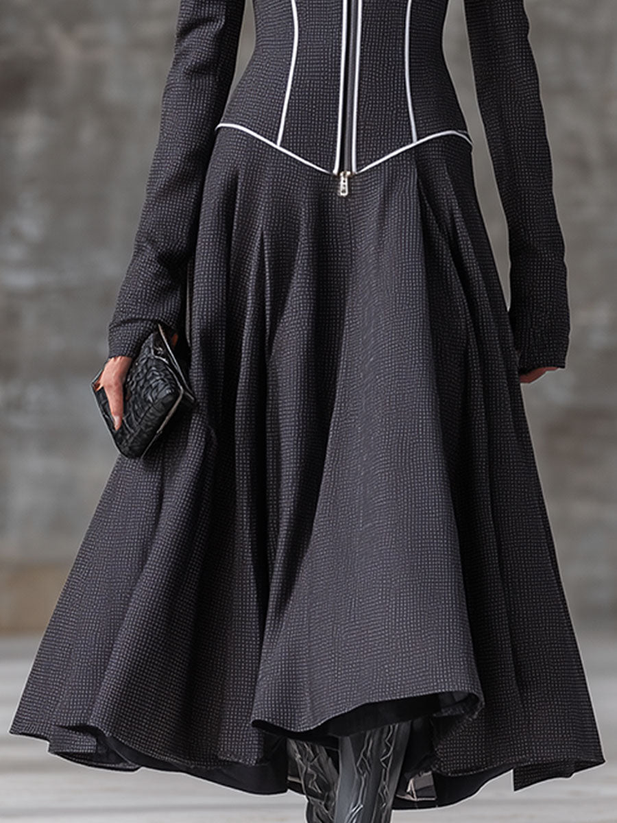 Fashion Retro Gray Zipper Maxi Dresses